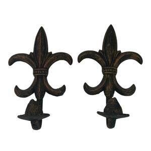 Cast Iron Fleur De Lis Candle Wall Sconces Pair Rustic Black Bronze